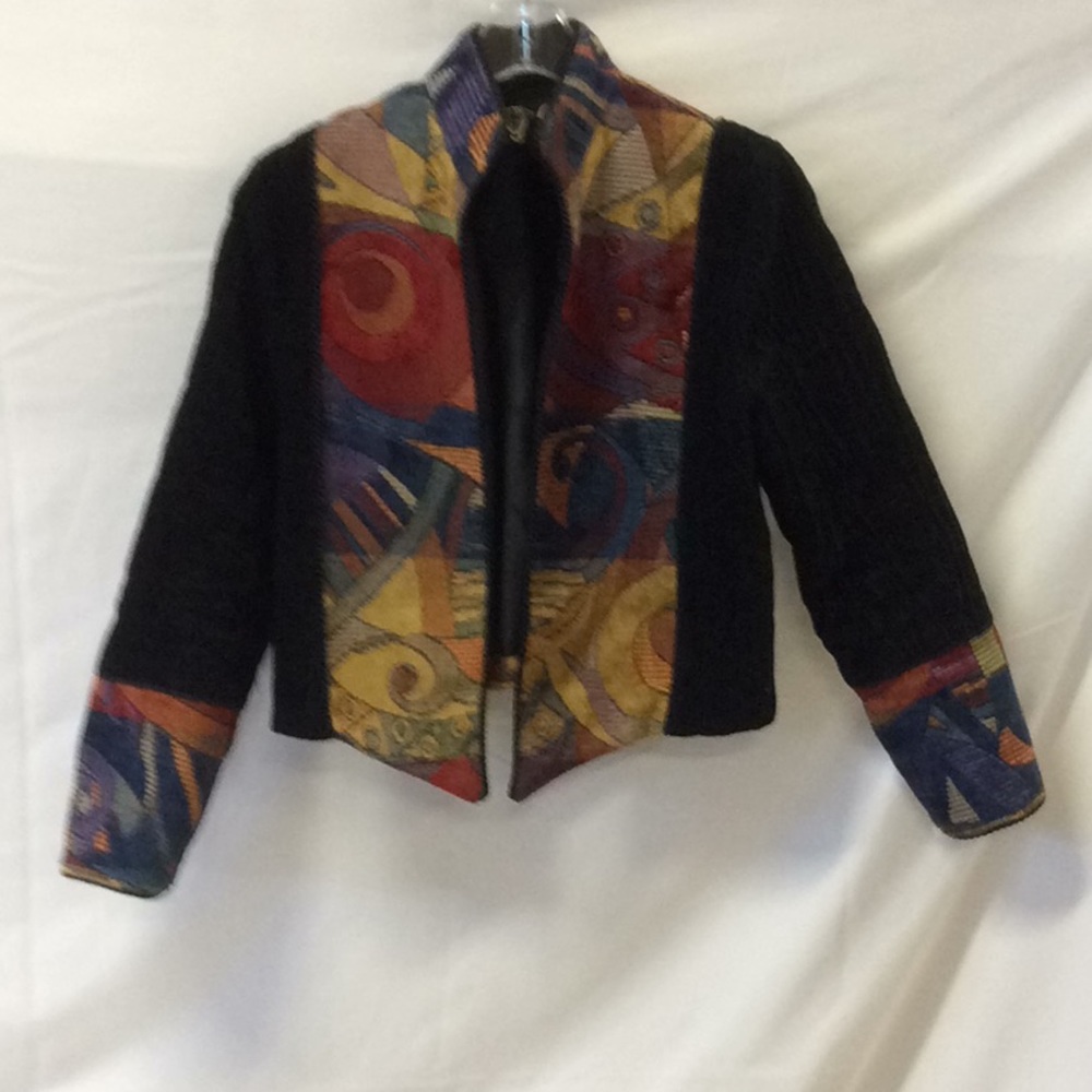 Black bolero embroidered panels mandarin collar